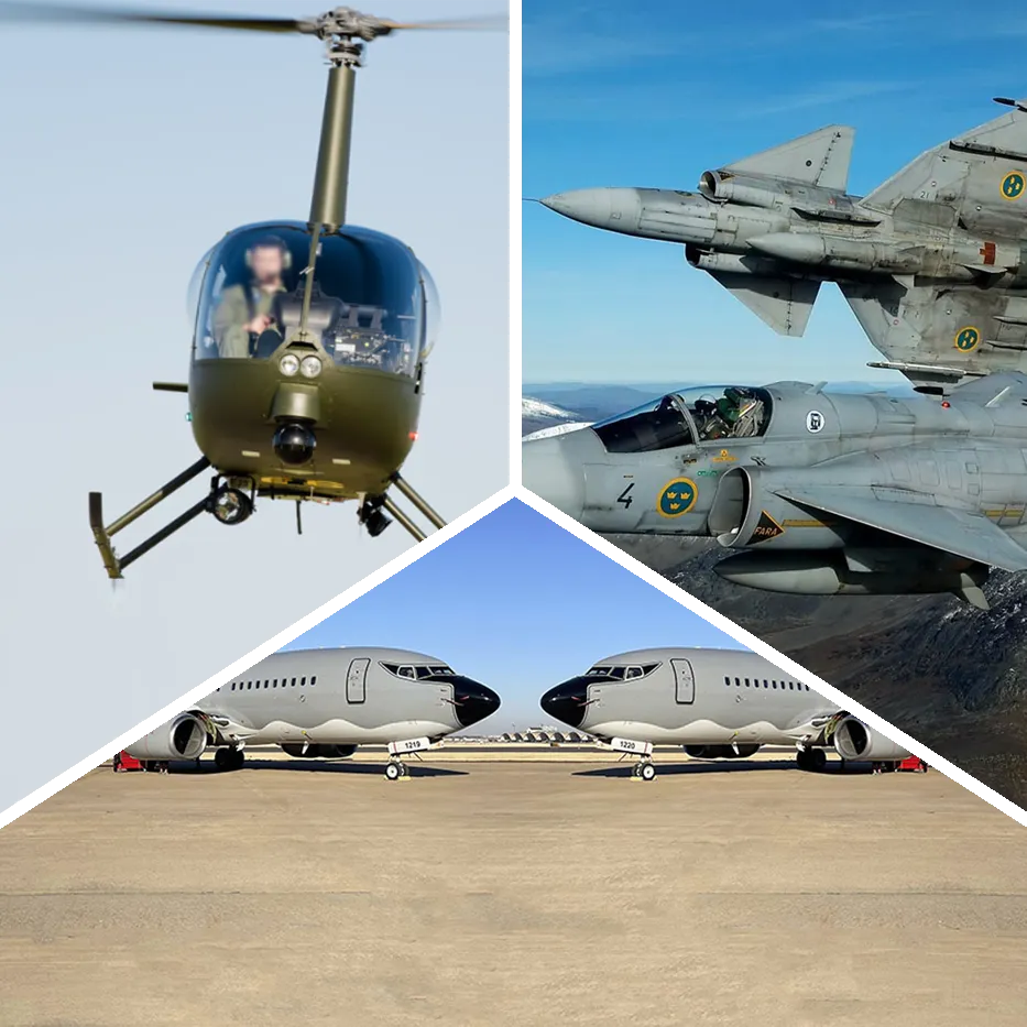 Montagebild Flygstridsskolan 2st C-40 Clipper, Militär Helikopter Hkp 44 och två Viggen